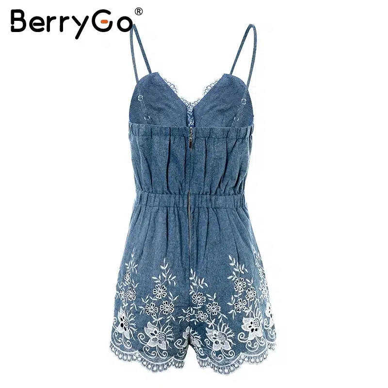 BerryGo Embroidery strap summer jumpsuit romper V neck zipper elegant jumpsuit women Floral playsuit 2017 sexy short overalls 16