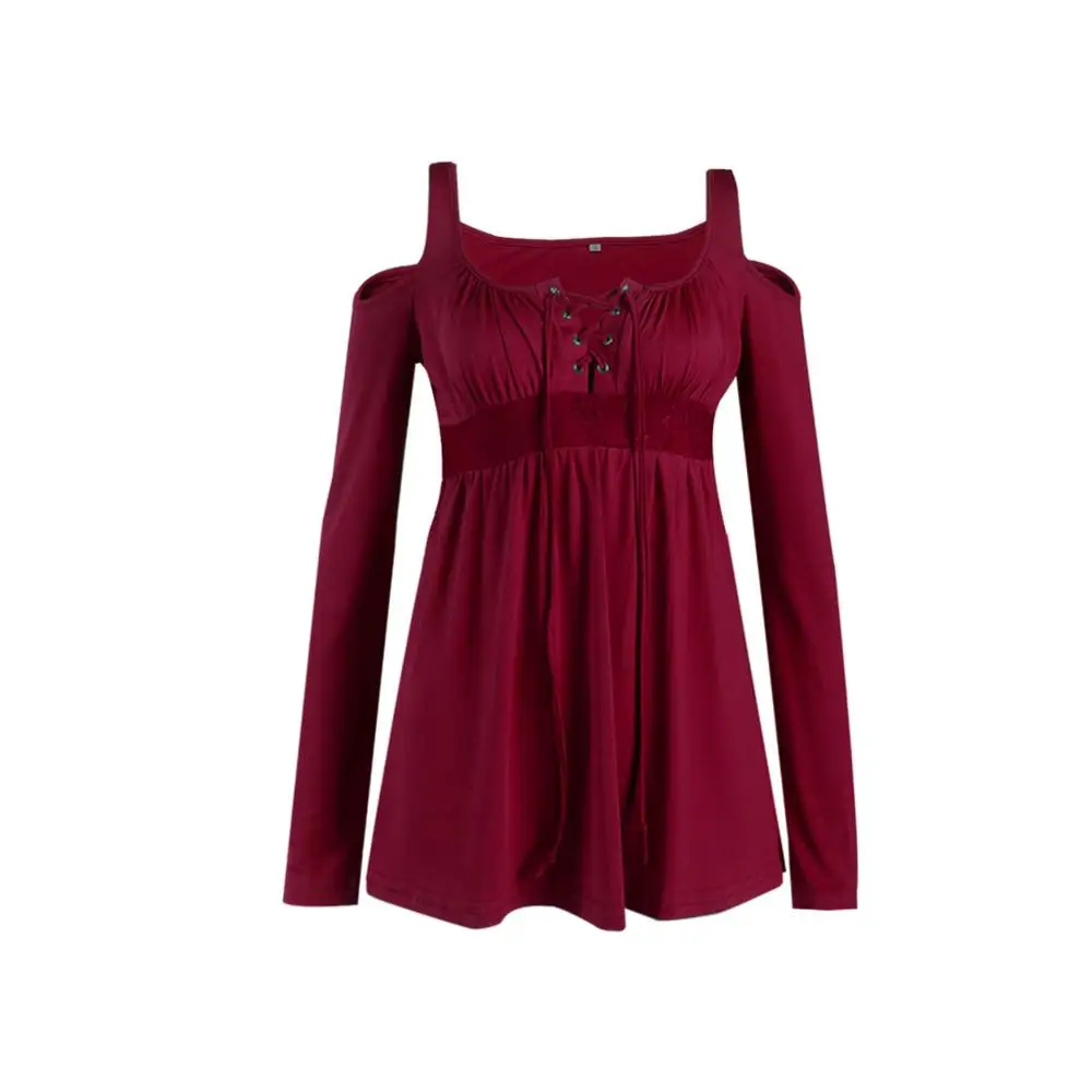 2017 Plus Size 5XL Autumn Women T-shirt Sexy V-Neck Lace Up Dew Shoulder T Shirt Female Casual Slim Long Sleeve Tees Tops 10