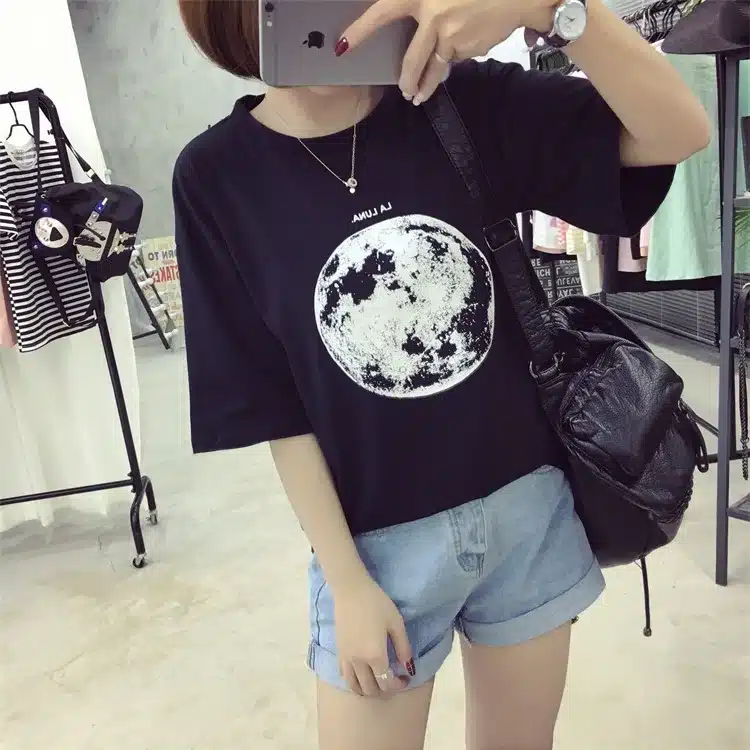 Chic Summer New Personality Planet Moon Printed Loose T Shirts Women Slim Leisure Short Sleeve White T-shirt Female Top M-XXL 13