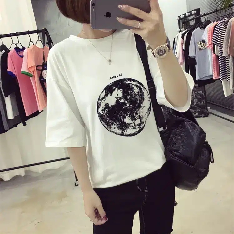 Chic Summer New Personality Planet Moon Printed Loose T Shirts Women Slim Leisure Short Sleeve White T-shirt Female Top M-XXL 22