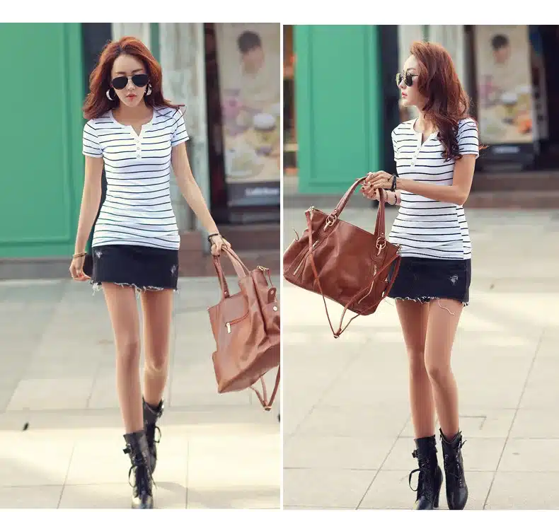 T Shirt femme 2018 Summer Striped T-Shirts Button V-Neck Short Sleeve Womens Clothing Female T-Shirt Women 5xl Plus Size Clothes 15