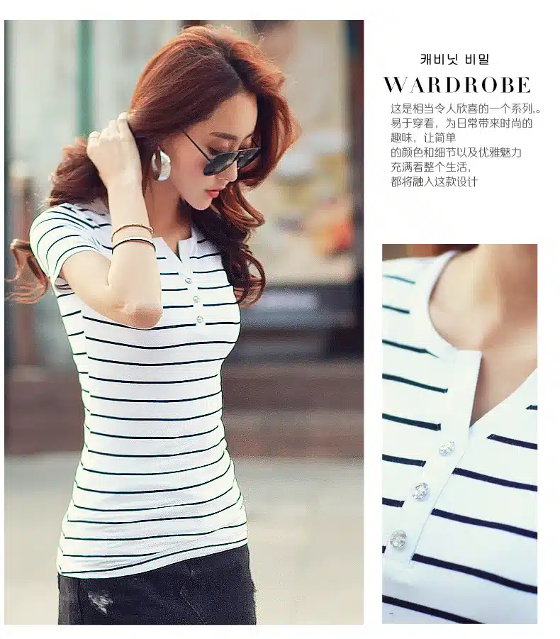 T Shirt femme 2018 Summer Striped T-Shirts Button V-Neck Short Sleeve Womens Clothing Female T-Shirt Women 5xl Plus Size Clothes 16
