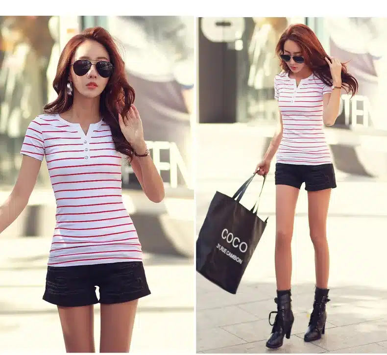 T Shirt femme 2018 Summer Striped T-Shirts Button V-Neck Short Sleeve Womens Clothing Female T-Shirt Women 5xl Plus Size Clothes 18