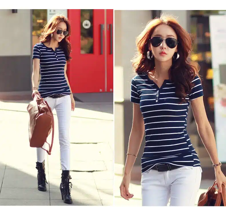T Shirt femme 2018 Summer Striped T-Shirts Button V-Neck Short Sleeve Womens Clothing Female T-Shirt Women 5xl Plus Size Clothes 21