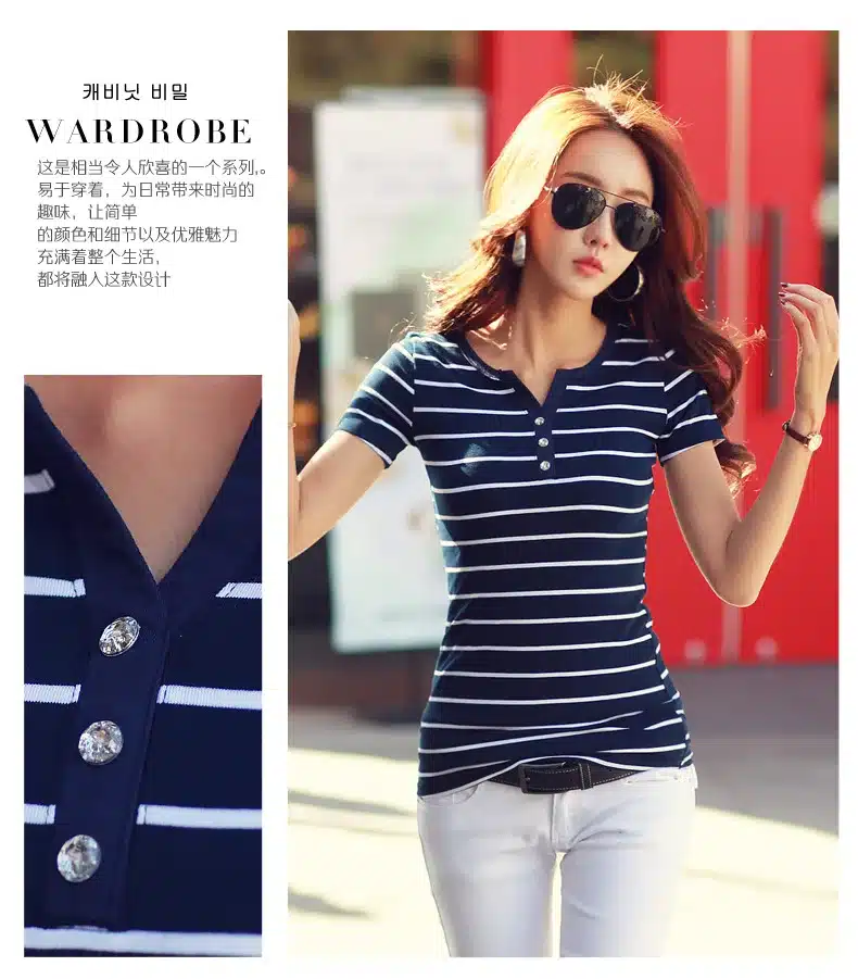 T Shirt femme 2018 Summer Striped T-Shirts Button V-Neck Short Sleeve Womens Clothing Female T-Shirt Women 5xl Plus Size Clothes 22