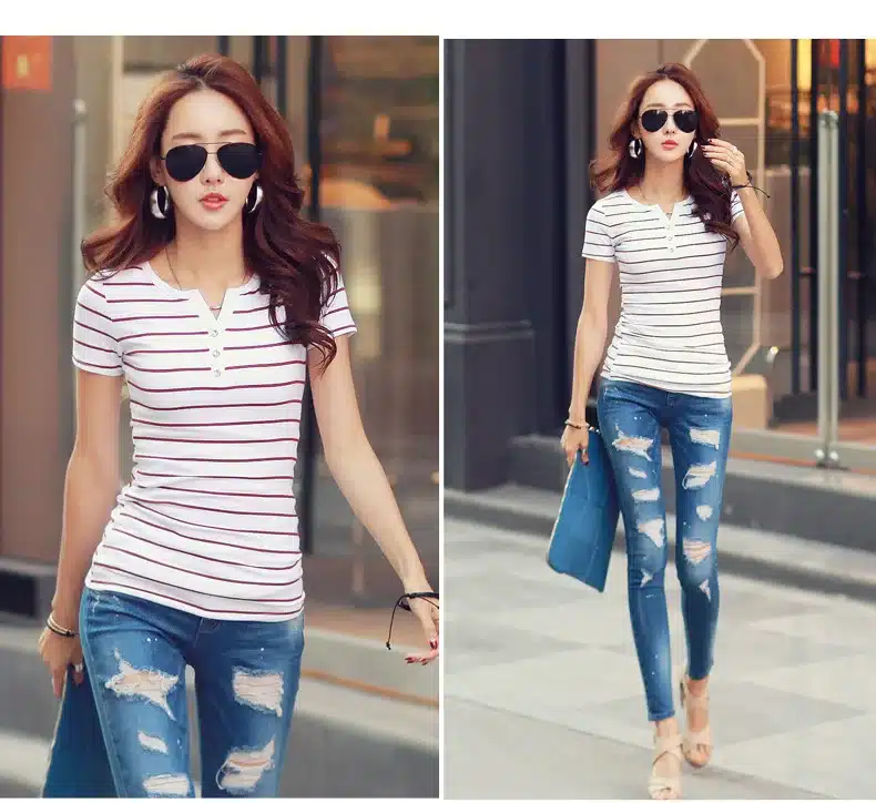 T Shirt femme 2018 Summer Striped T-Shirts Button V-Neck Short Sleeve Womens Clothing Female T-Shirt Women 5xl Plus Size Clothes 27