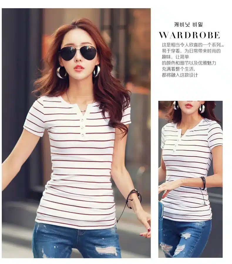 T Shirt femme 2018 Summer Striped T-Shirts Button V-Neck Short Sleeve Womens Clothing Female T-Shirt Women 5xl Plus Size Clothes 28