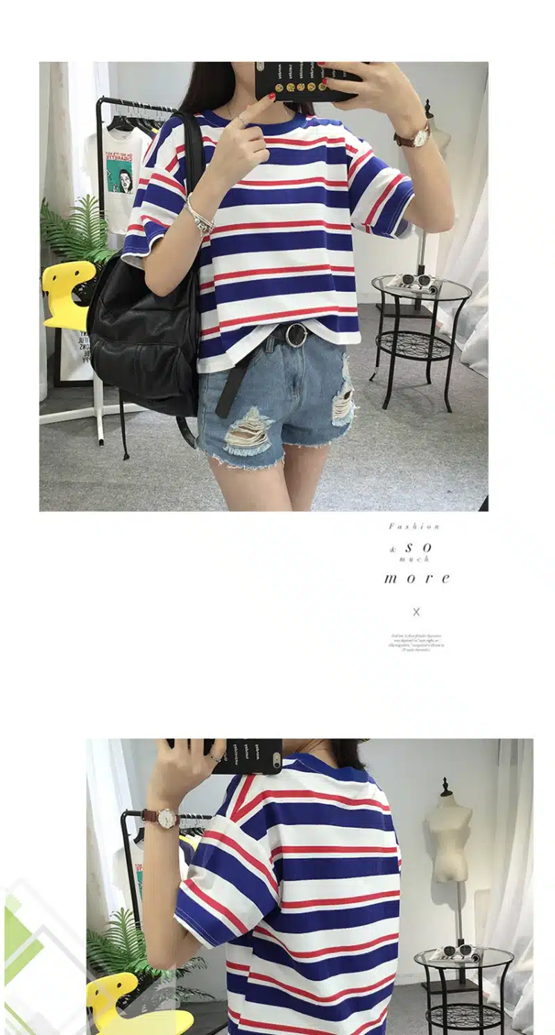Harajuku 2018 Summer Fashion Hit Color Striped Female T-Shirt Loose O-Neck Cute Casual T shirt Girls Street Costume for Women XL 8