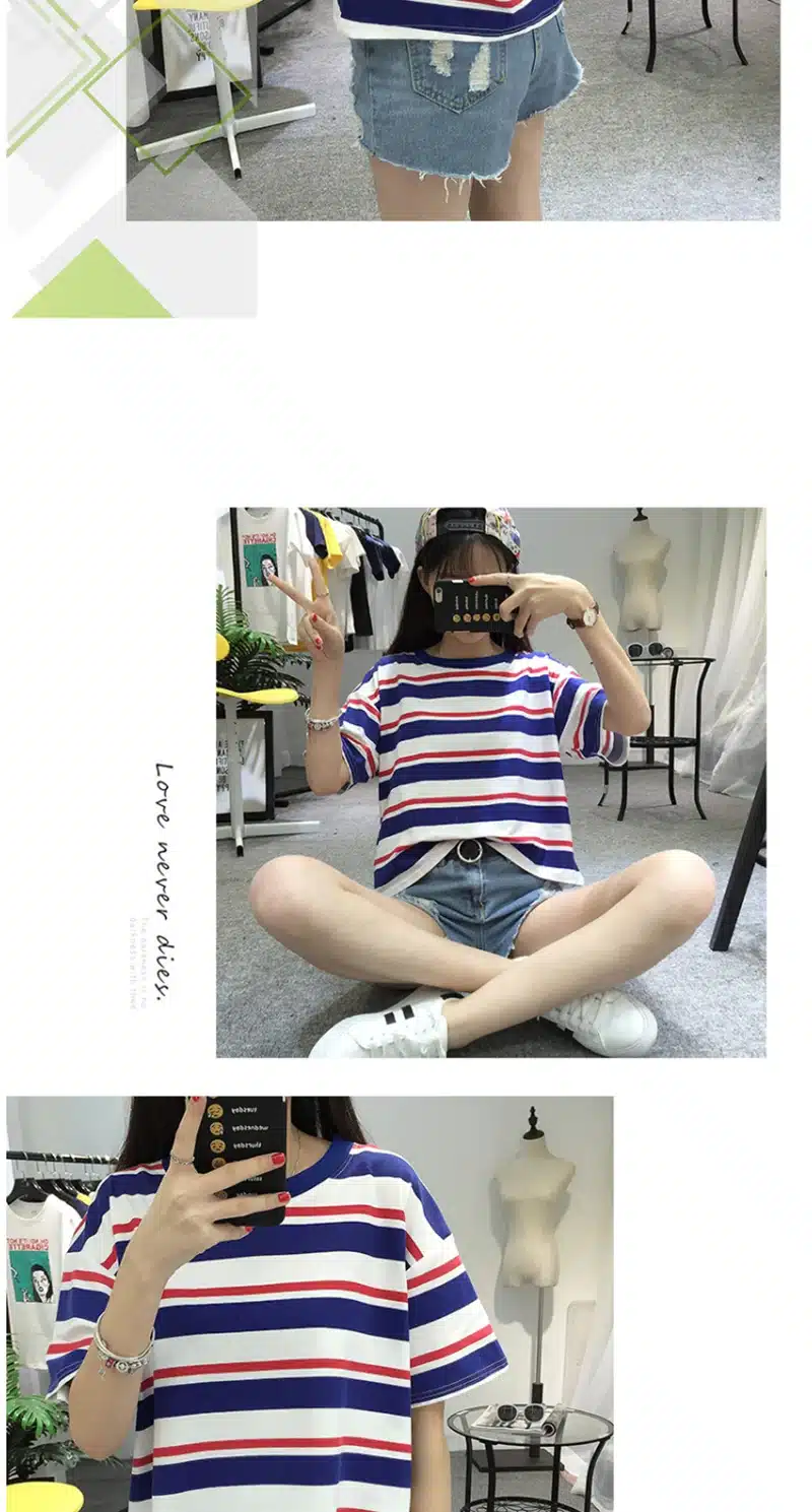 Harajuku 2018 Summer Fashion Hit Color Striped Female T-Shirt Loose O-Neck Cute Casual T shirt Girls Street Costume for Women XL 9