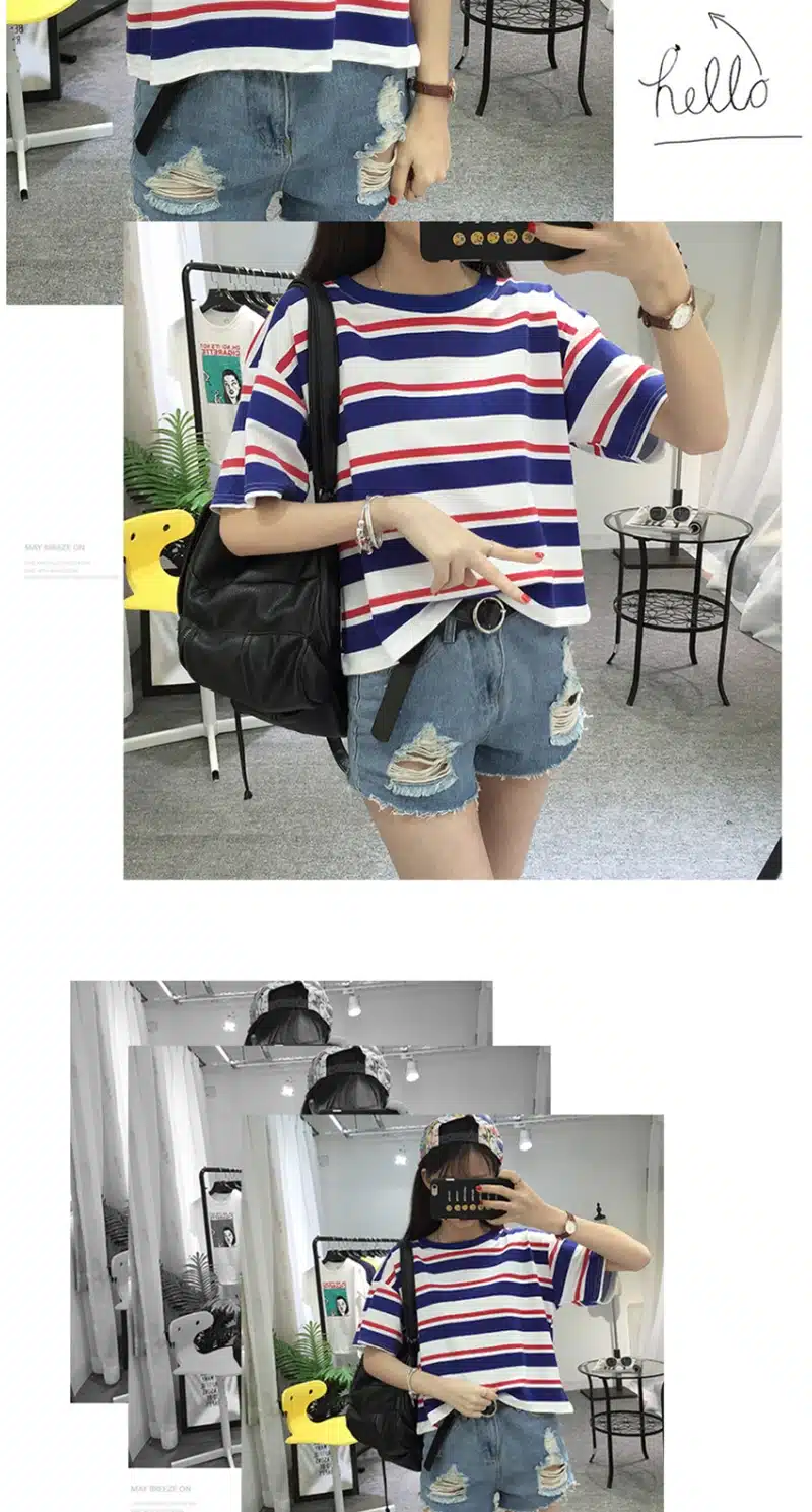 Harajuku 2018 Summer Fashion Hit Color Striped Female T-Shirt Loose O-Neck Cute Casual T shirt Girls Street Costume for Women XL 10