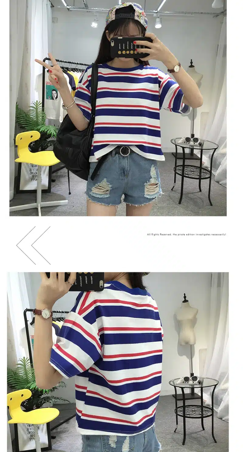 Harajuku 2018 Summer Fashion Hit Color Striped Female T-Shirt Loose O-Neck Cute Casual T shirt Girls Street Costume for Women XL 12