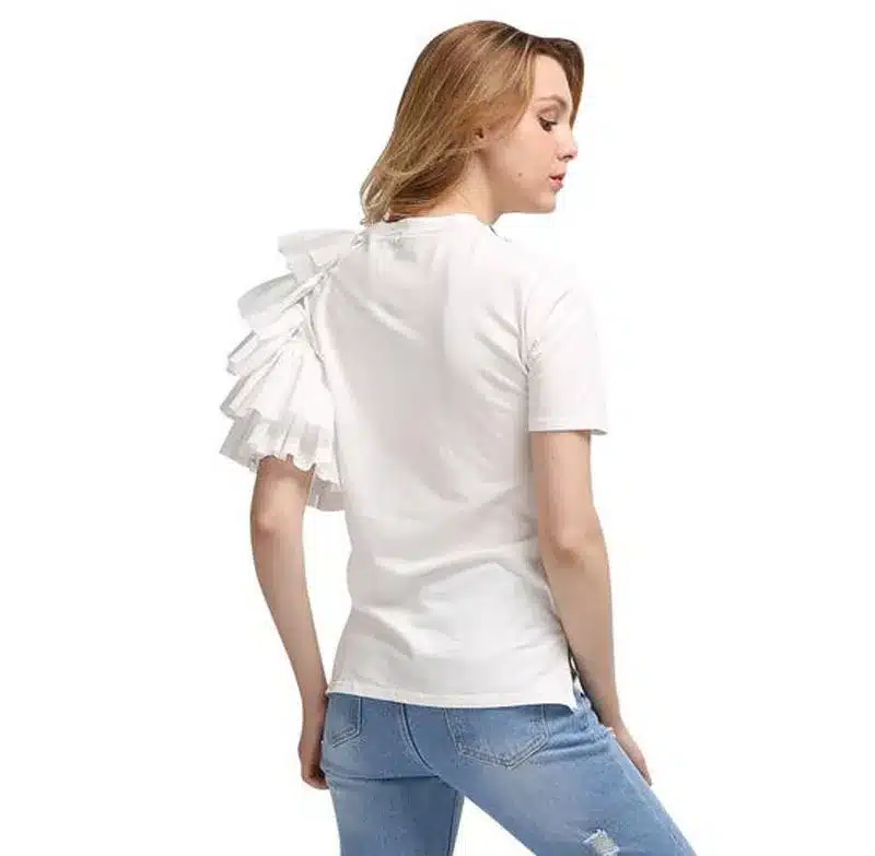 TWOTWINSTYLE 2017 Summer Ruffle Funny Short Sleeve Female T shirts Women Tops Graphic Tee shirt White Clothes Fashion Korean 23