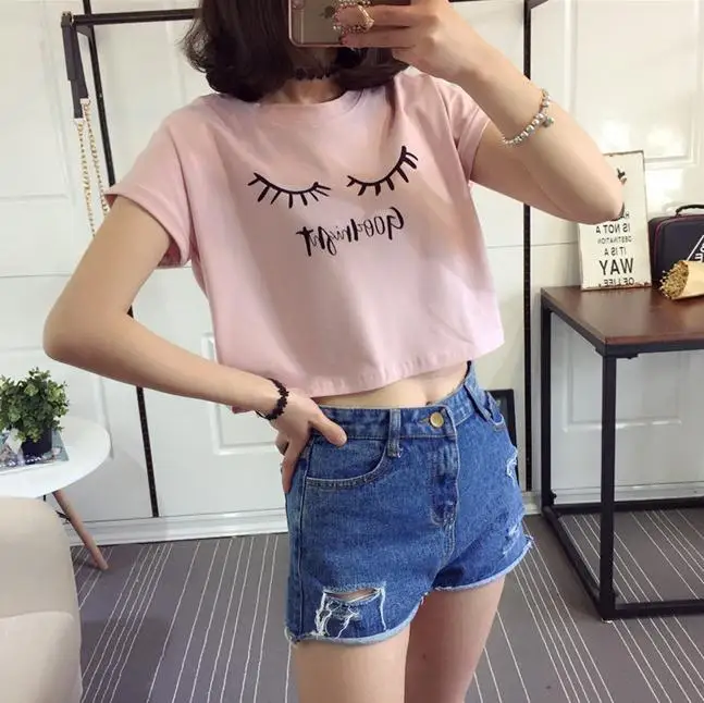 Merry Pretty New Summer Fashion Women Solid Pink Punk Style O-neck Short Sleeve T-shirt Letter & Eyelash Printed Crop Top Tees 11