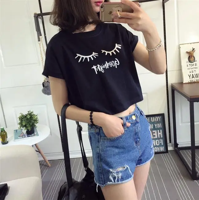 Merry Pretty New Summer Fashion Women Solid Pink Punk Style O-neck Short Sleeve T-shirt Letter & Eyelash Printed Crop Top Tees 12