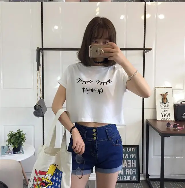 Merry Pretty New Summer Fashion Women Solid Pink Punk Style O-neck Short Sleeve T-shirt Letter & Eyelash Printed Crop Top Tees 13