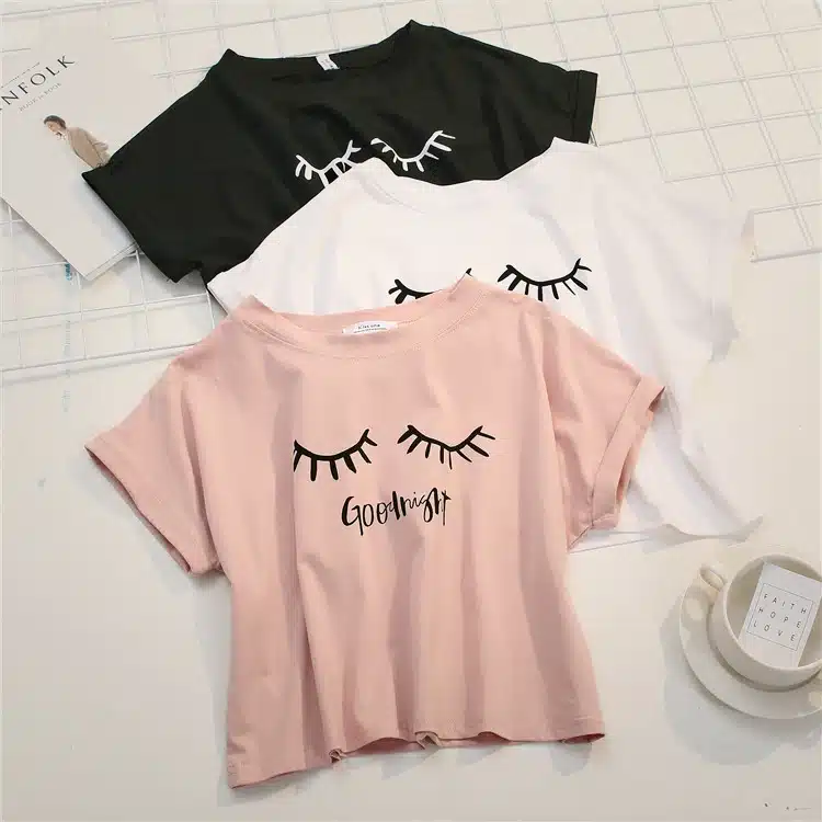 Merry Pretty New Summer Fashion Women Solid Pink Punk Style O-neck Short Sleeve T-shirt Letter & Eyelash Printed Crop Top Tees 14