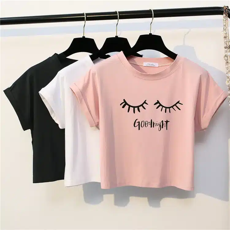 Merry Pretty New Summer Fashion Women Solid Pink Punk Style O-neck Short Sleeve T-shirt Letter & Eyelash Printed Crop Top Tees 16