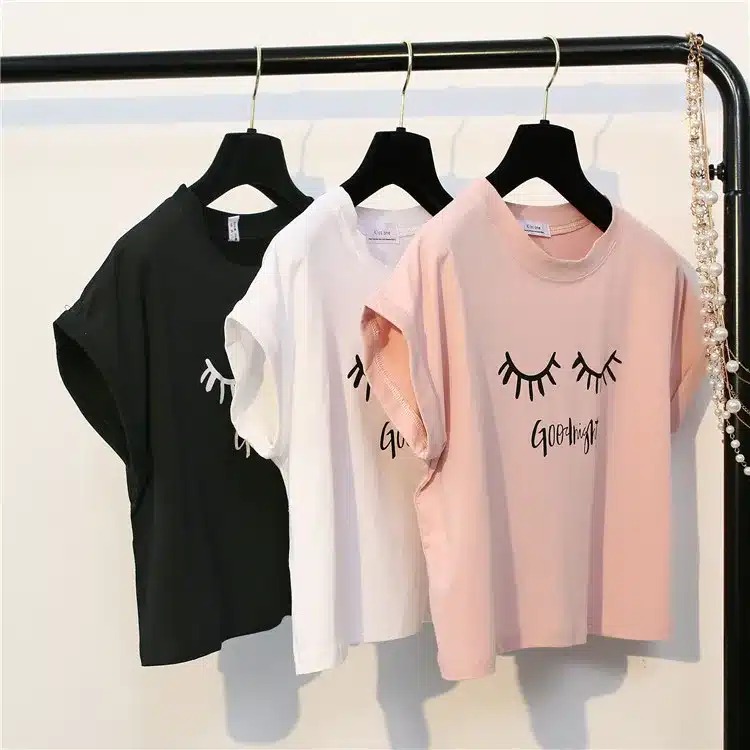 Merry Pretty New Summer Fashion Women Solid Pink Punk Style O-neck Short Sleeve T-shirt Letter & Eyelash Printed Crop Top Tees 17
