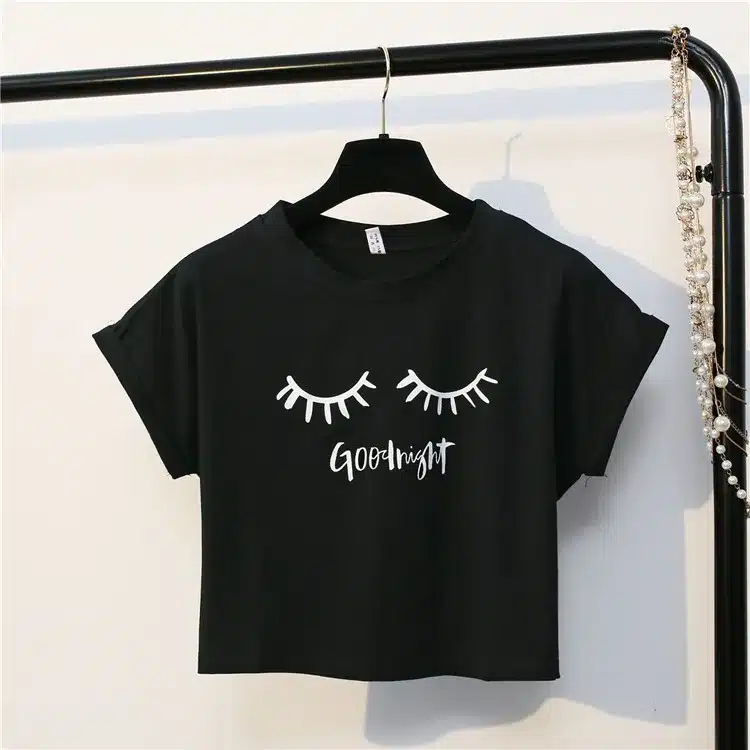 Merry Pretty New Summer Fashion Women Solid Pink Punk Style O-neck Short Sleeve T-shirt Letter & Eyelash Printed Crop Top Tees 18