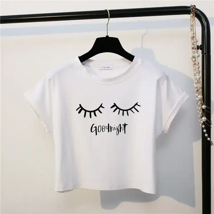 Merry Pretty New Summer Fashion Women Solid Pink Punk Style O-neck Short Sleeve T-shirt Letter & Eyelash Printed Crop Top Tees 19