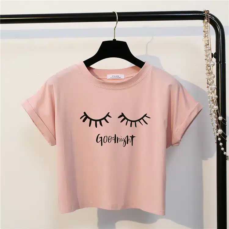 Merry Pretty New Summer Fashion Women Solid Pink Punk Style O-neck Short Sleeve T-shirt Letter & Eyelash Printed Crop Top Tees 20