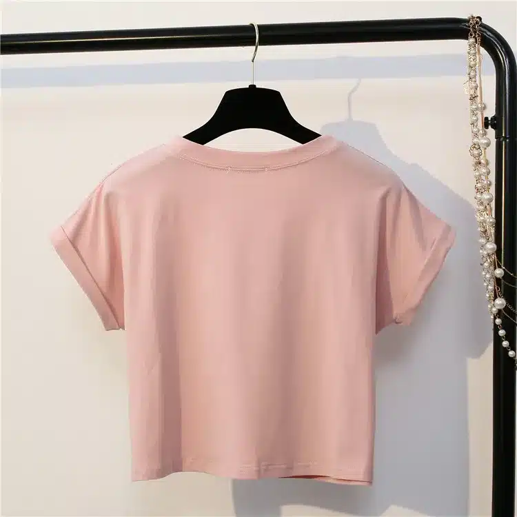 Merry Pretty New Summer Fashion Women Solid Pink Punk Style O-neck Short Sleeve T-shirt Letter & Eyelash Printed Crop Top Tees 21