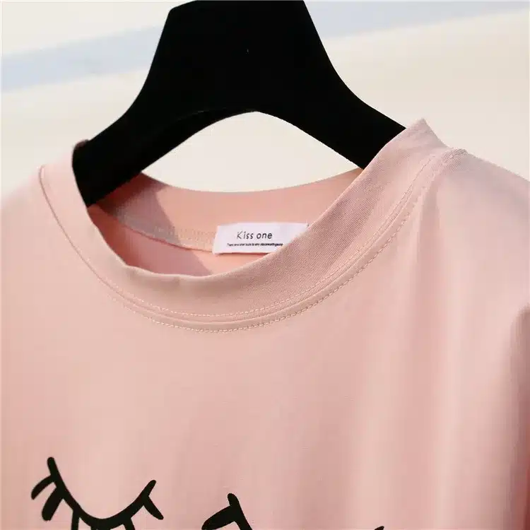 Merry Pretty New Summer Fashion Women Solid Pink Punk Style O-neck Short Sleeve T-shirt Letter & Eyelash Printed Crop Top Tees 22