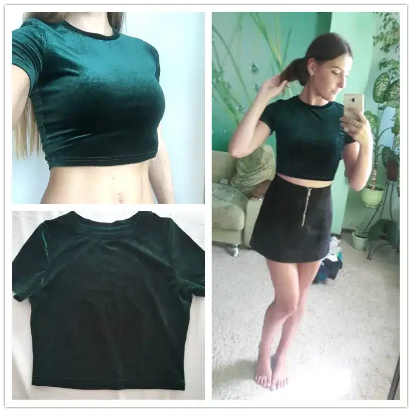 COLROVIE Velvet T-shirt Women Hunter Green O Neck Short Sleeve Sexy Summer Crop Tops 2017 New Fashion Slim Basic Casual T-shirt 13