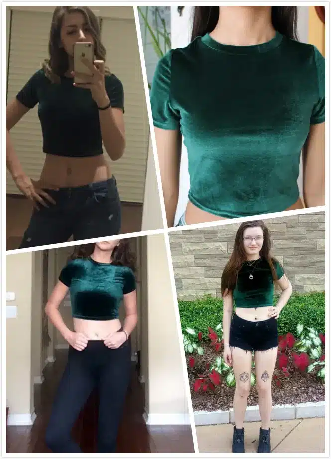 COLROVIE Velvet T-shirt Women Hunter Green O Neck Short Sleeve Sexy Summer Crop Tops 2017 New Fashion Slim Basic Casual T-shirt 14