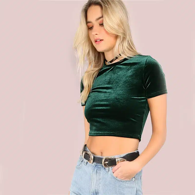 COLROVIE Velvet T-shirt Women Hunter Green O Neck Short Sleeve Sexy Summer Crop Tops 2017 New Fashion Slim Basic Casual T-shirt 18