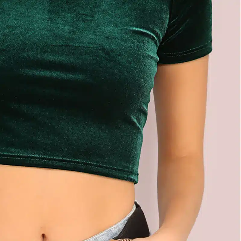COLROVIE Velvet T-shirt Women Hunter Green O Neck Short Sleeve Sexy Summer Crop Tops 2017 New Fashion Slim Basic Casual T-shirt 19