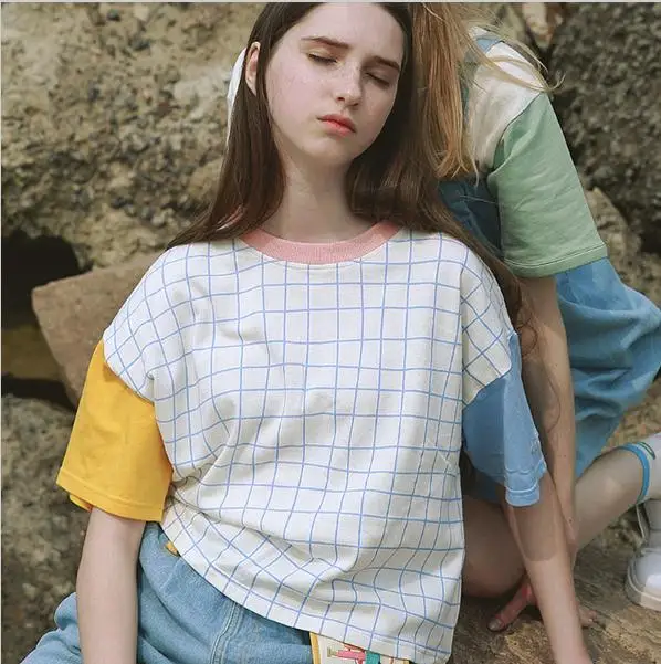 Merry Pretty New Summer Women Letter Embroidery Plaid t shirt Fashion Patchwork Design T shirts Short Sleeve Casual Cotton Tops 19