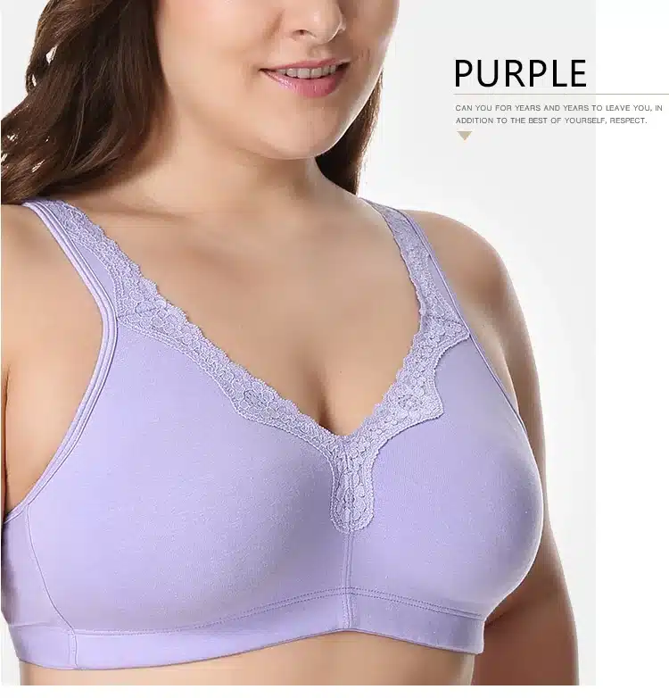 New Lace Trim Full Coverage Cotton Wirefree Bra Plus Size 36-48 B C D DD E 26