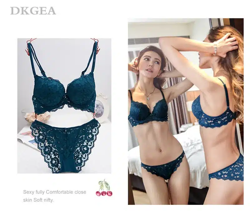 Hot Sexy Push Up Bra Set Brand Deep V Brassiere Thick Cotton Women Underwear Set Lace Blue Embroidery Flowers Lingerie B C Cup 12
