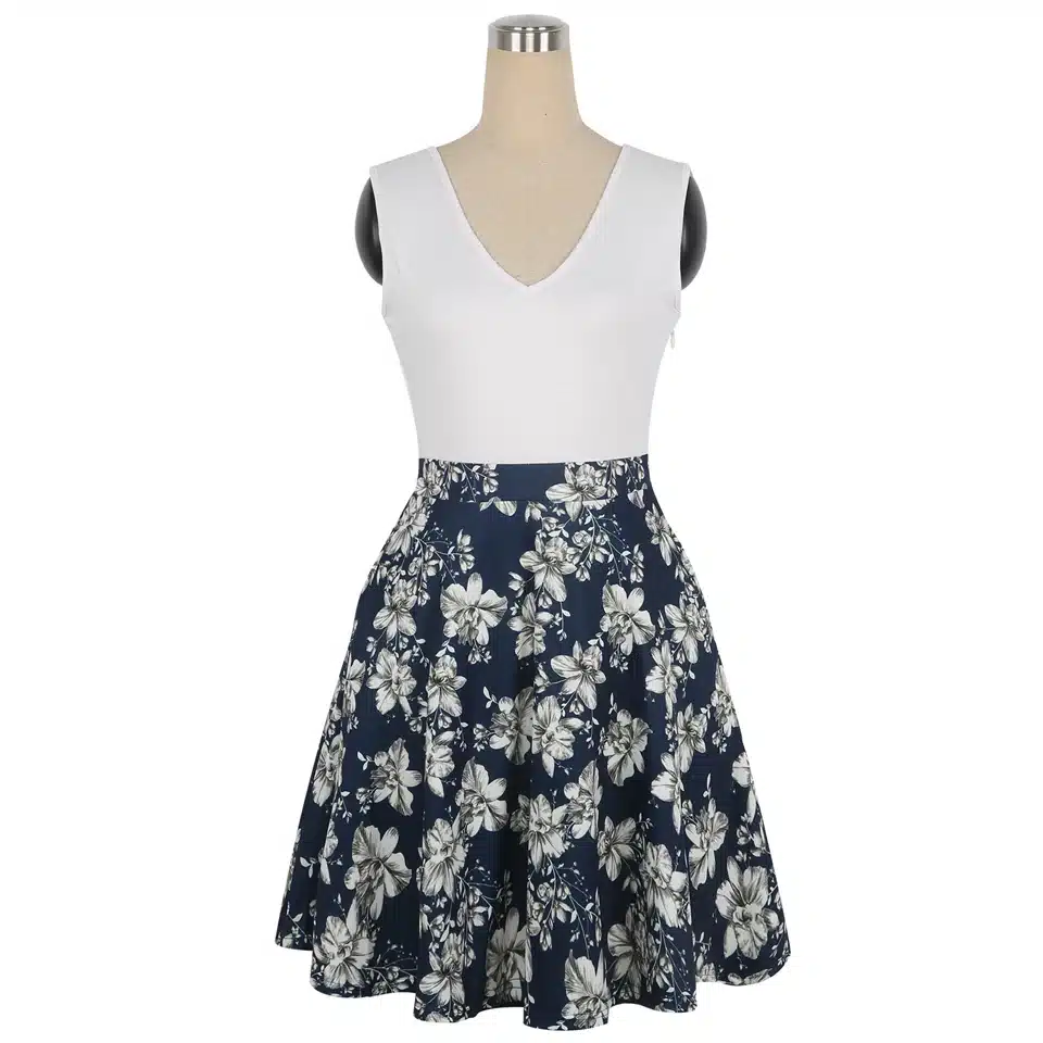 Oxiuly Women Vintage 1950s style Dress Floral Print White Patchwork Casual Party Dress Black Elegant Female Sexy Mini Dress 7