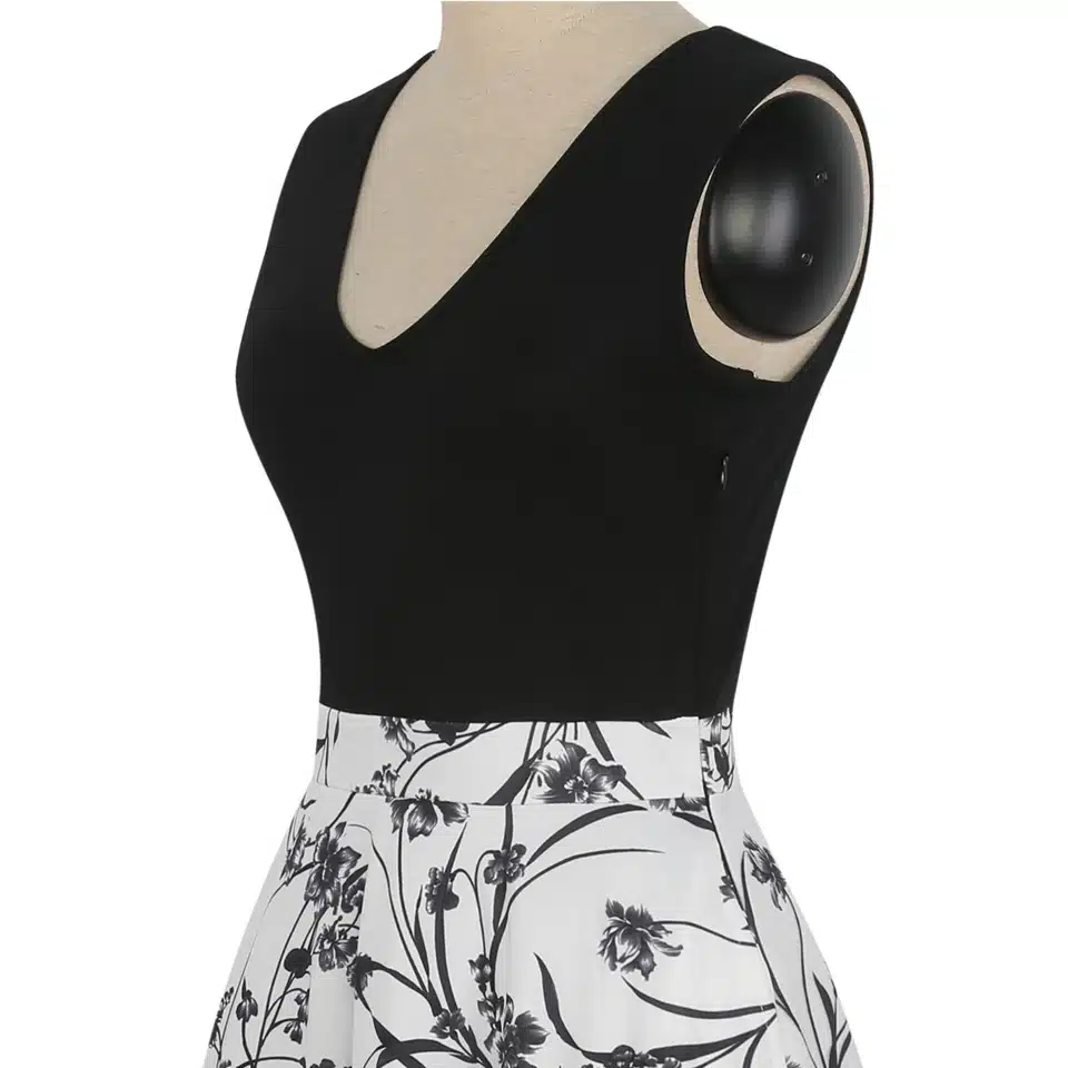 Oxiuly Women Vintage 1950s style Dress Floral Print White Patchwork Casual Party Dress Black Elegant Female Sexy Mini Dress 29