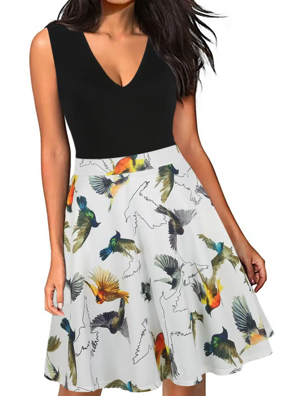 Oxiuly Women Vintage 1950s style Dress Floral Print White Patchwork Casual Party Dress Black Elegant Female Sexy Mini Dress 32