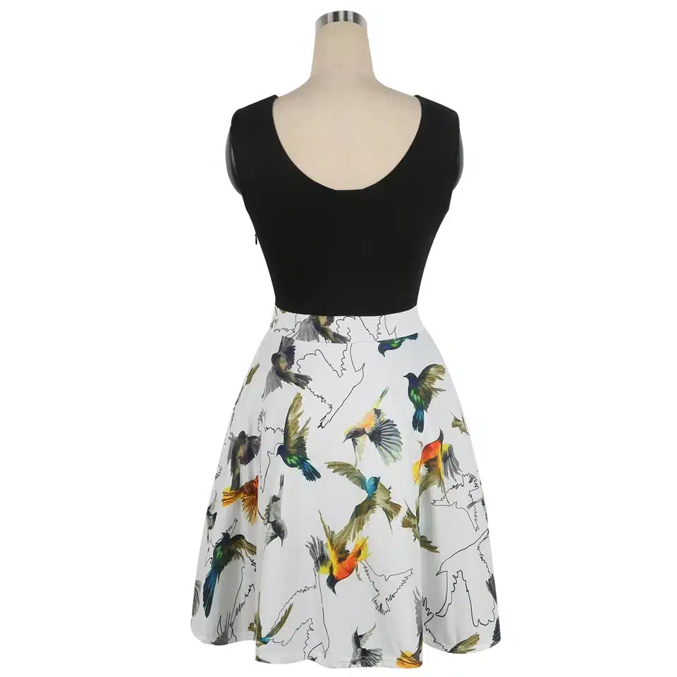 Oxiuly Women Vintage 1950s style Dress Floral Print White Patchwork Casual Party Dress Black Elegant Female Sexy Mini Dress 34