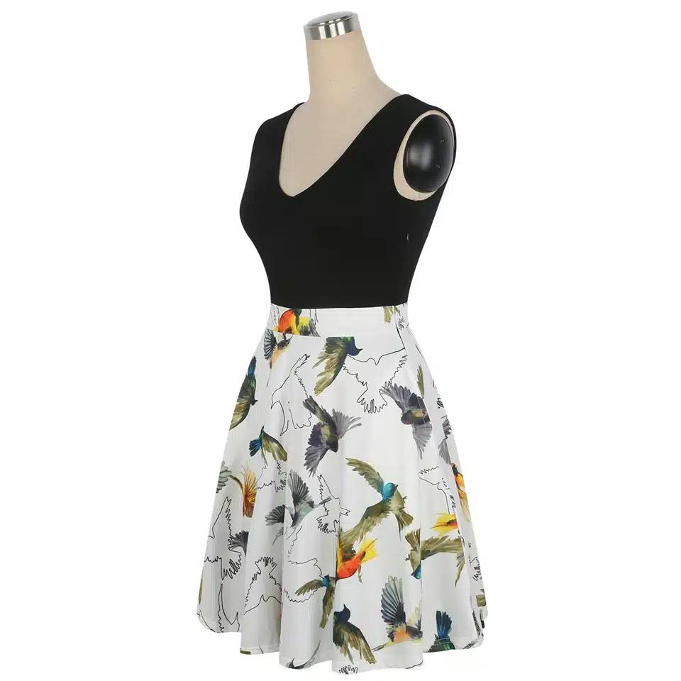 Oxiuly Women Vintage 1950s style Dress Floral Print White Patchwork Casual Party Dress Black Elegant Female Sexy Mini Dress 35