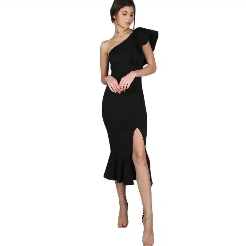 COLROVIE Black Party Dress 2017 Women One Shoulder Frill Peplum Hem Sexy Elegant Summer Dresses Slim Ruffle Split Bodycon Dress 19