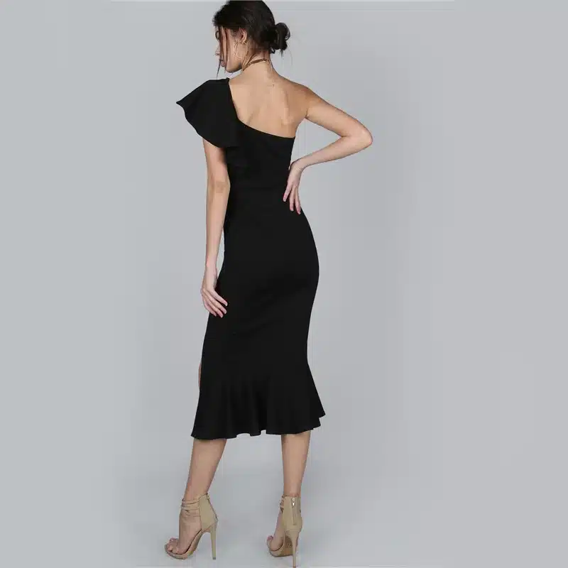 COLROVIE Black Party Dress 2017 Women One Shoulder Frill Peplum Hem Sexy Elegant Summer Dresses Slim Ruffle Split Bodycon Dress 20