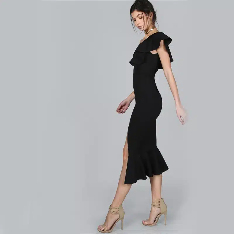 COLROVIE Black Party Dress 2017 Women One Shoulder Frill Peplum Hem Sexy Elegant Summer Dresses Slim Ruffle Split Bodycon Dress 21