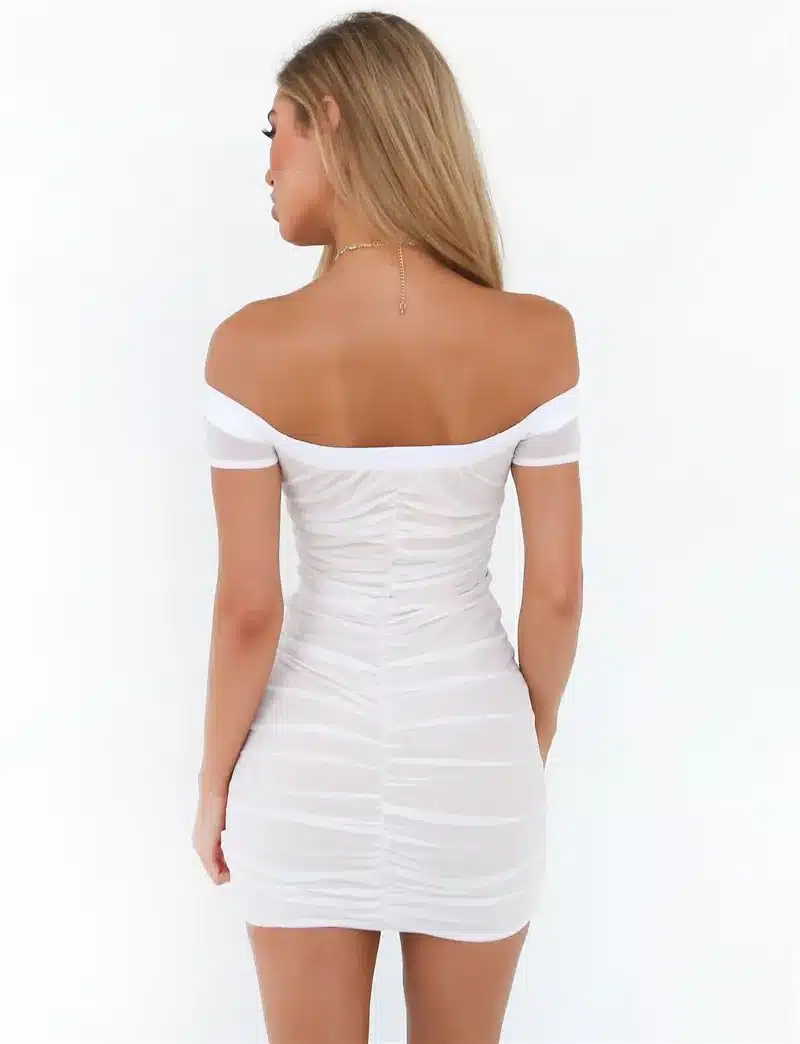 Strapless Ruched Drawstring Women Mesh Sheer Dresses Summer Off Shoulder Party Bodycon Dress Sexy Mini Club Dress New Vestidos 24