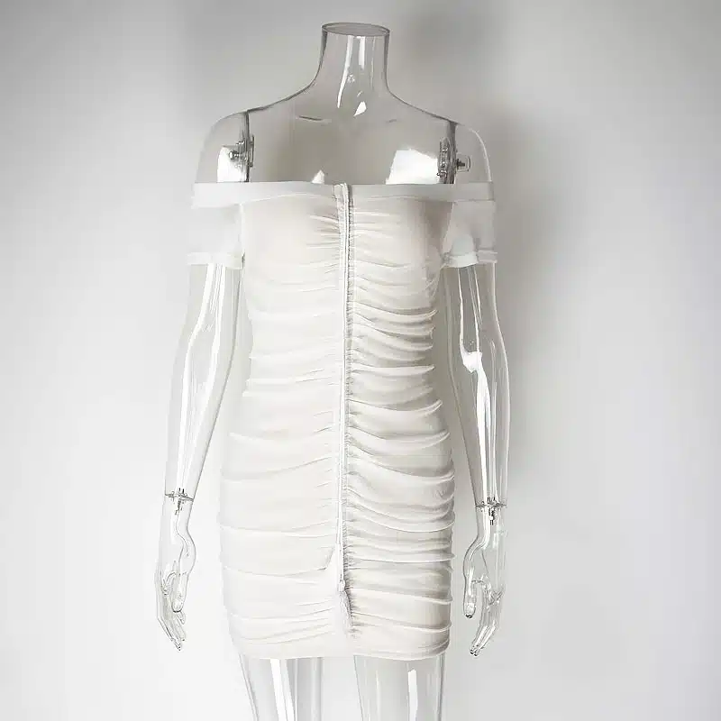 Strapless Ruched Drawstring Women Mesh Sheer Dresses Summer Off Shoulder Party Bodycon Dress Sexy Mini Club Dress New Vestidos 30