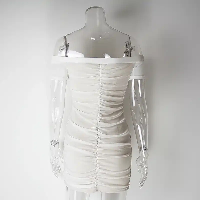 Strapless Ruched Drawstring Women Mesh Sheer Dresses Summer Off Shoulder Party Bodycon Dress Sexy Mini Club Dress New Vestidos 34
