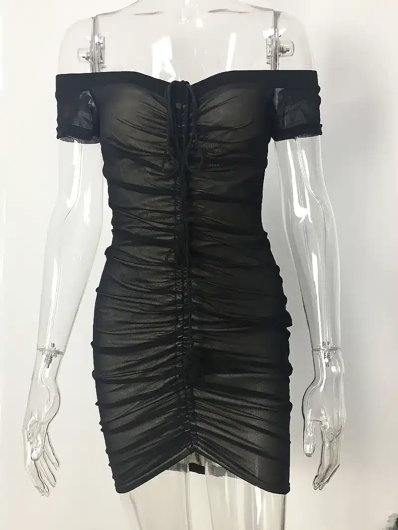 Strapless Ruched Drawstring Women Mesh Sheer Dresses Summer Off Shoulder Party Bodycon Dress Sexy Mini Club Dress New Vestidos 38