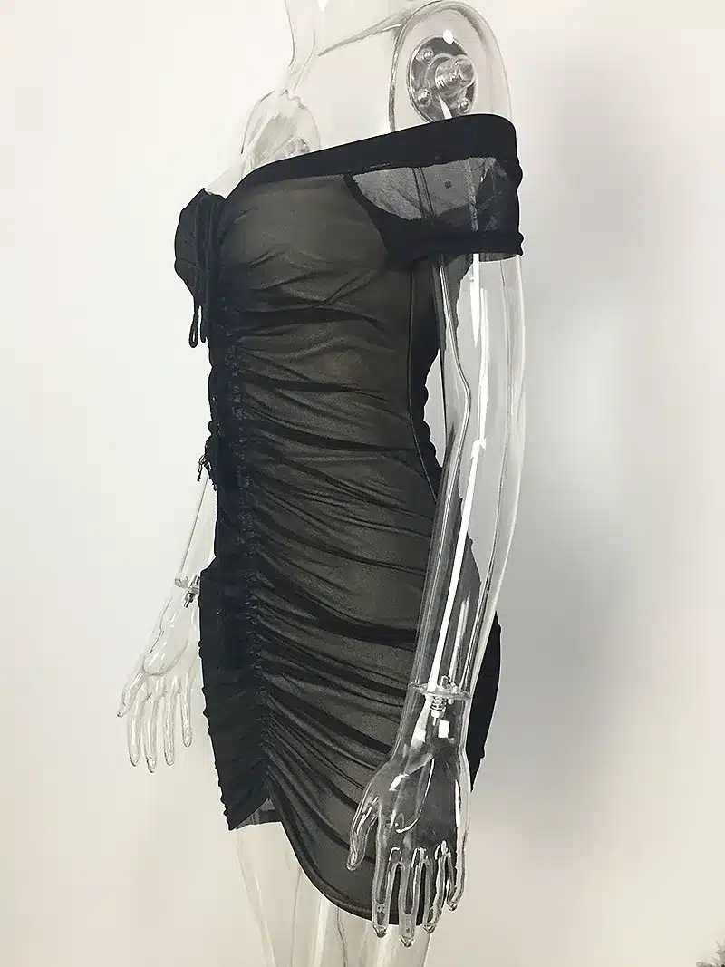 Strapless Ruched Drawstring Women Mesh Sheer Dresses Summer Off Shoulder Party Bodycon Dress Sexy Mini Club Dress New Vestidos 39