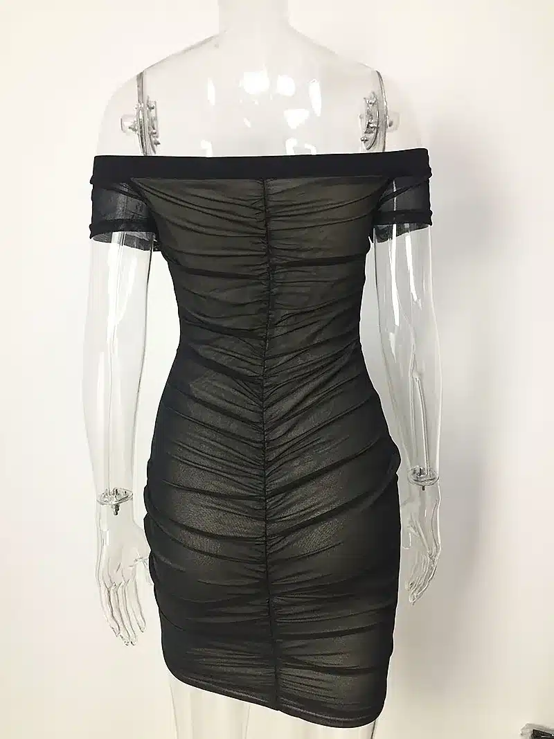 Strapless Ruched Drawstring Women Mesh Sheer Dresses Summer Off Shoulder Party Bodycon Dress Sexy Mini Club Dress New Vestidos 40