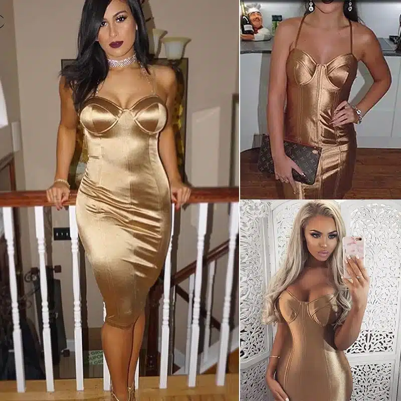2017 Sexy Padded Bra Bodycon Midi Dress V Neck Sleeveless Split Back Cross Straps Gold Wine Red Knee length Party Dress 15