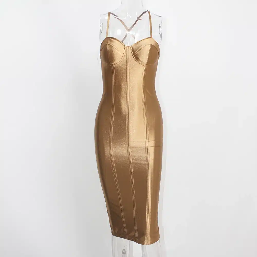 2017 Sexy Padded Bra Bodycon Midi Dress V Neck Sleeveless Split Back Cross Straps Gold Wine Red Knee length Party Dress 16